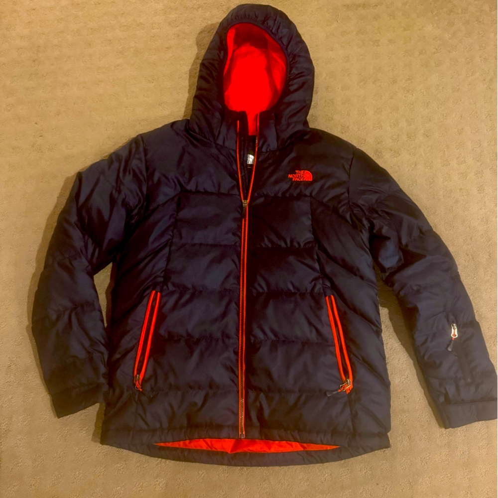 Men’s North Face Puffer Hooded Jacket, Medium, Navy Blue with Orange Trim